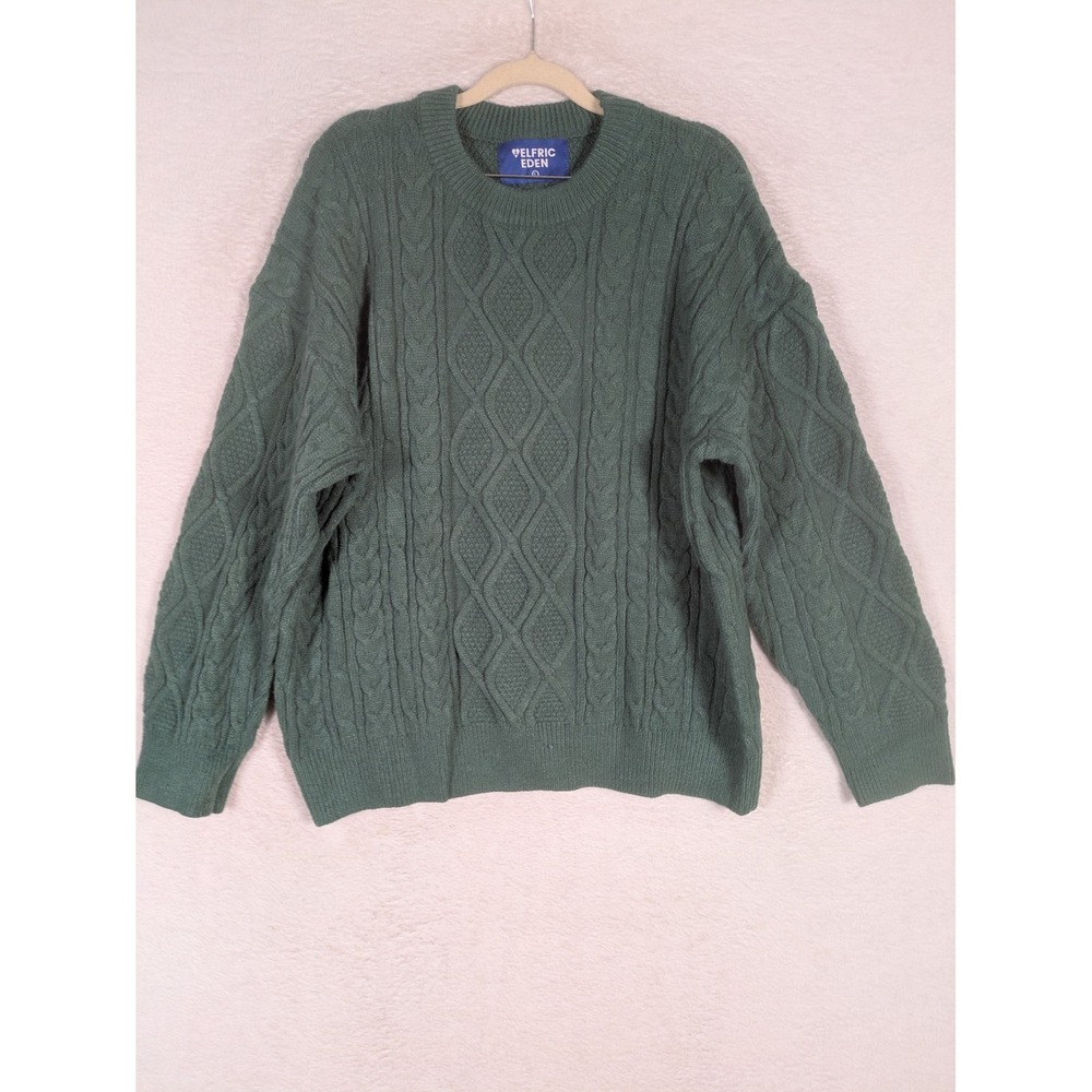 Elfric Eden Sweater Men's L Green Cable Knit Crew Neck Relaxed Fit Geometric